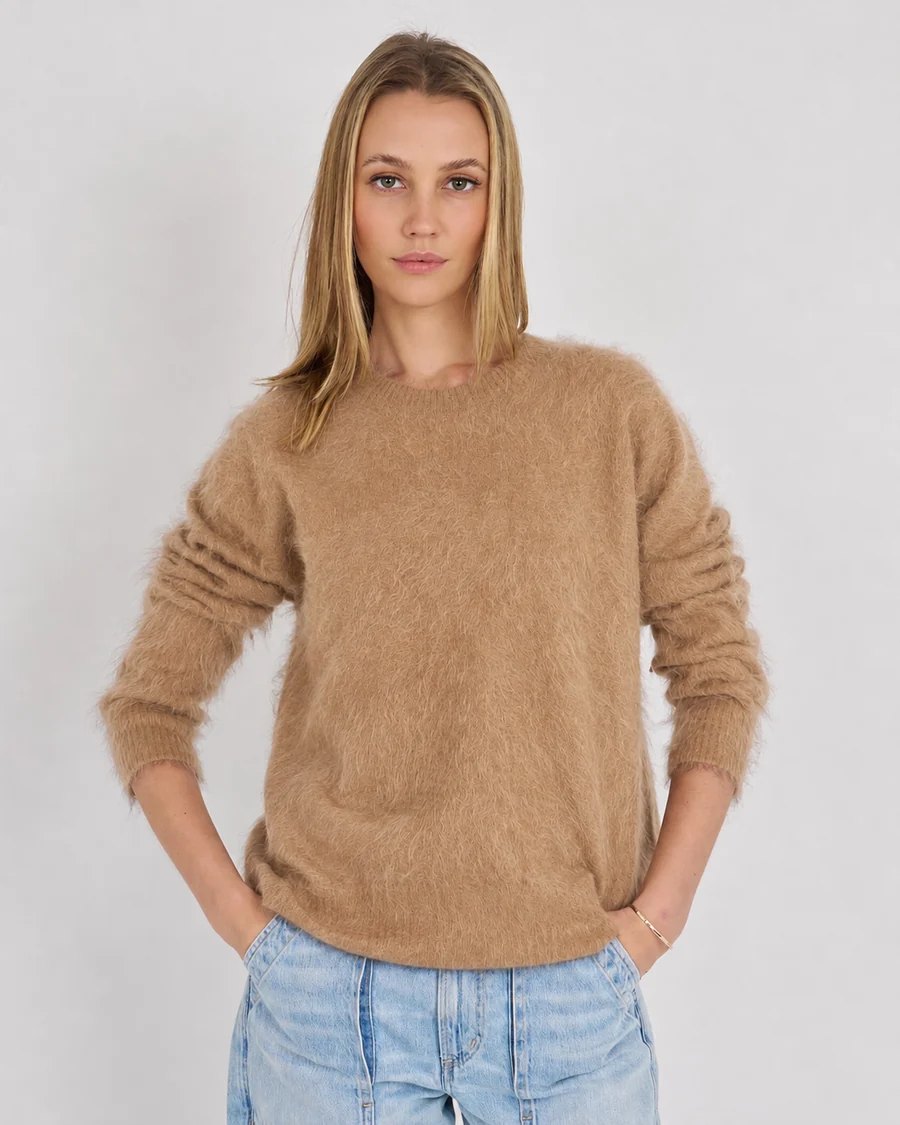Camel brushed cashmere crewneck sweater