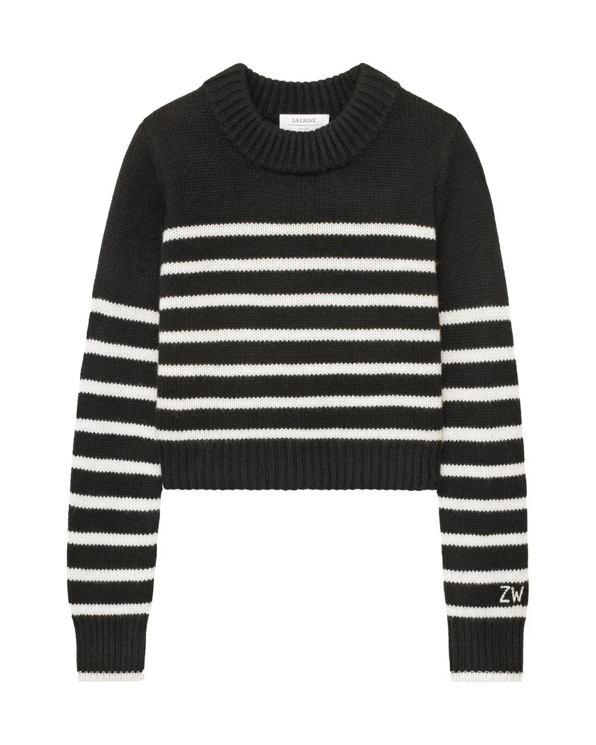 Cream cropped crewneck sweater with navy stripes