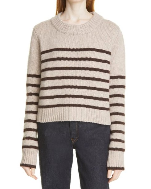 Tan and dark brown striped cropped crewneck sweater