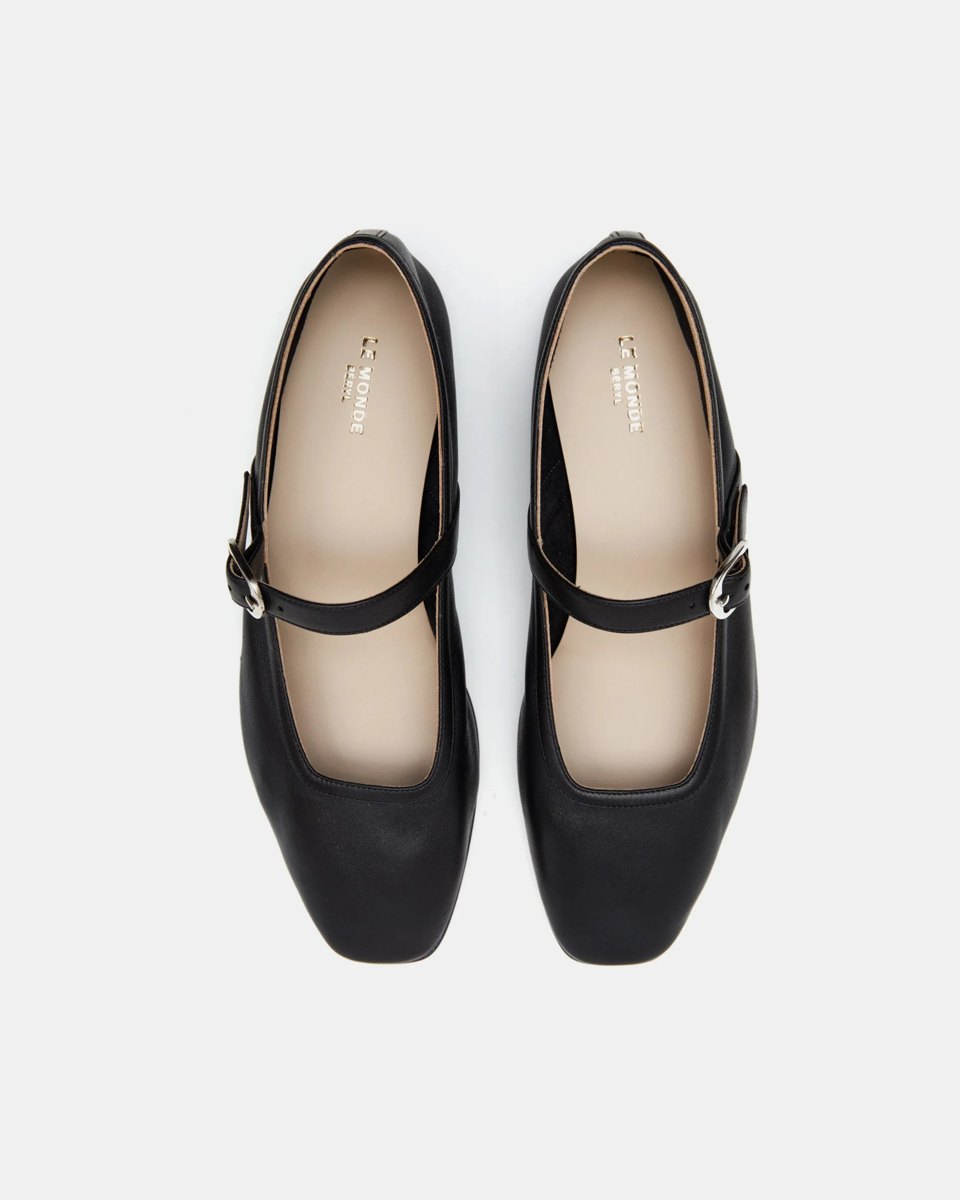 Black leather Mary Jane ballet flats with silver buckles
