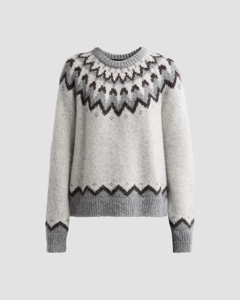 Grey Fair Isle sweater with brown and white yoke pattern