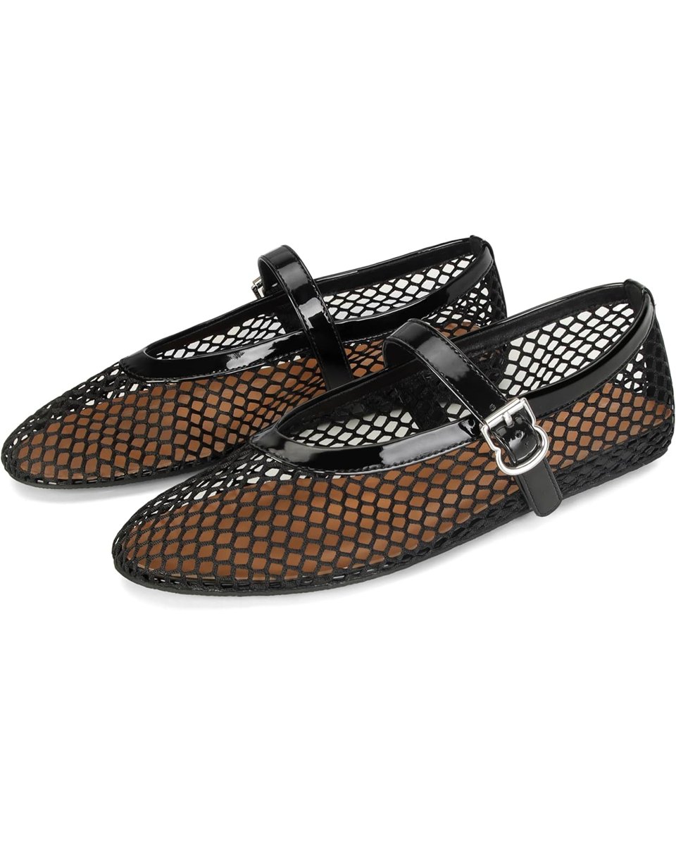 Black mesh Mary Jane ballet flats with patent straps and silver buckles