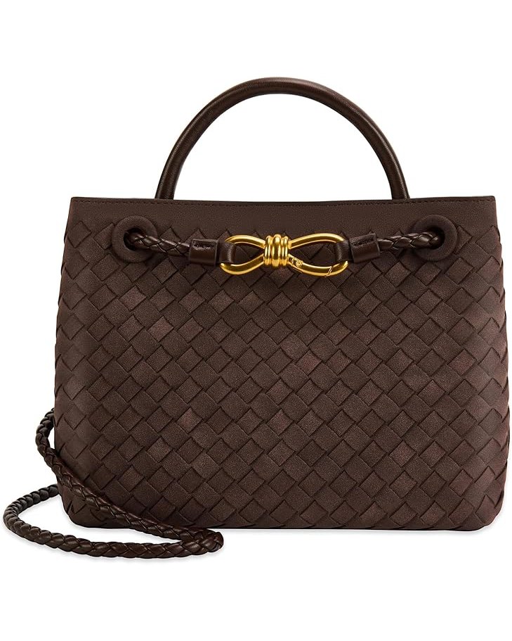 Espresso woven leather top-handle tote with gold bow clasp and braided strap