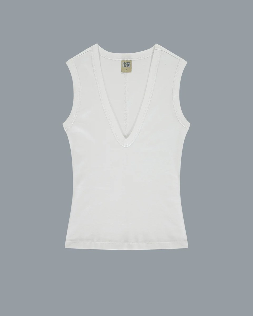 White cotton deep V-neck tank top