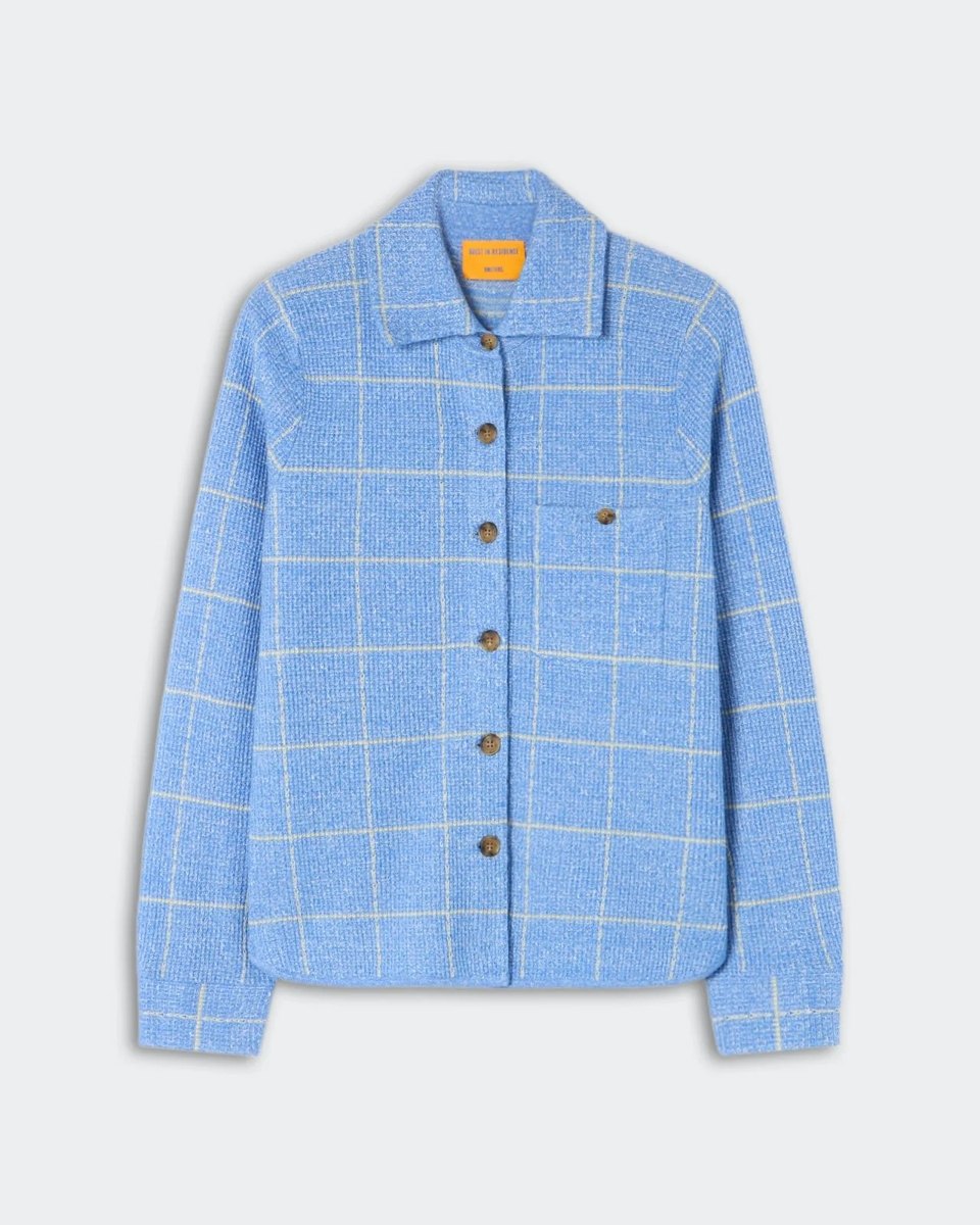 Blue and butter windowpane knit shirt jacket