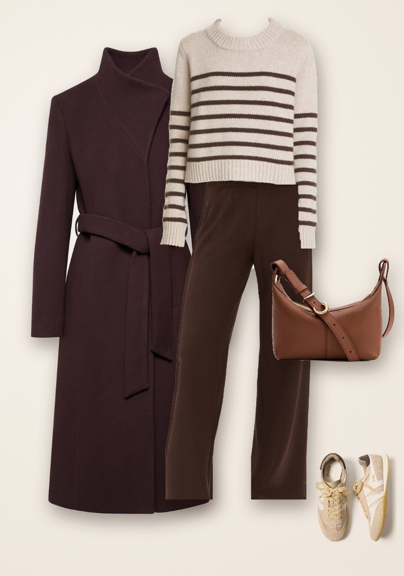 Casual day outfit: burgundy coat, striped sweater, chocolate pants, chestnut crossbody and satin sneakers