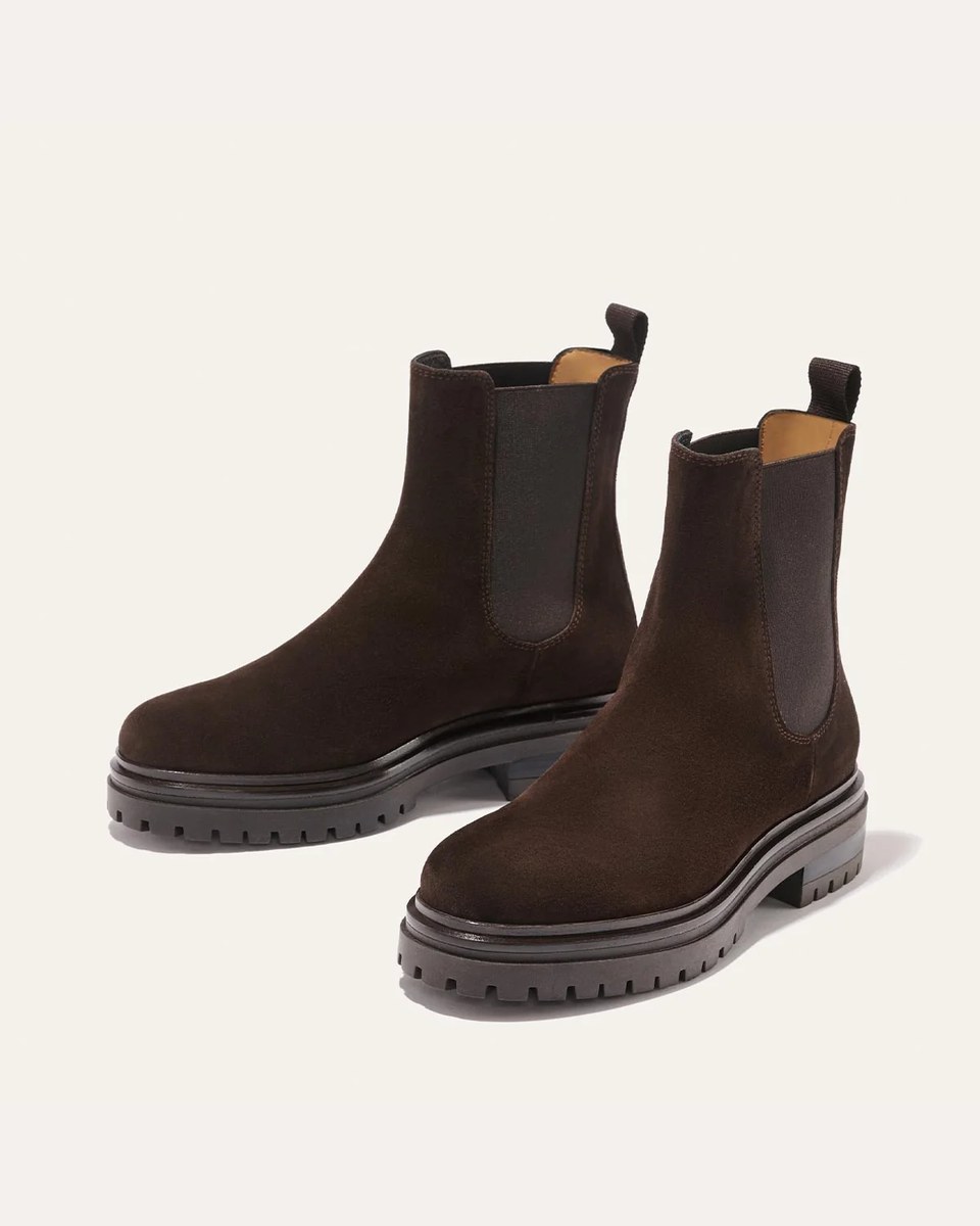 Pair of cocoa brown suede Chelsea boots with lug soles